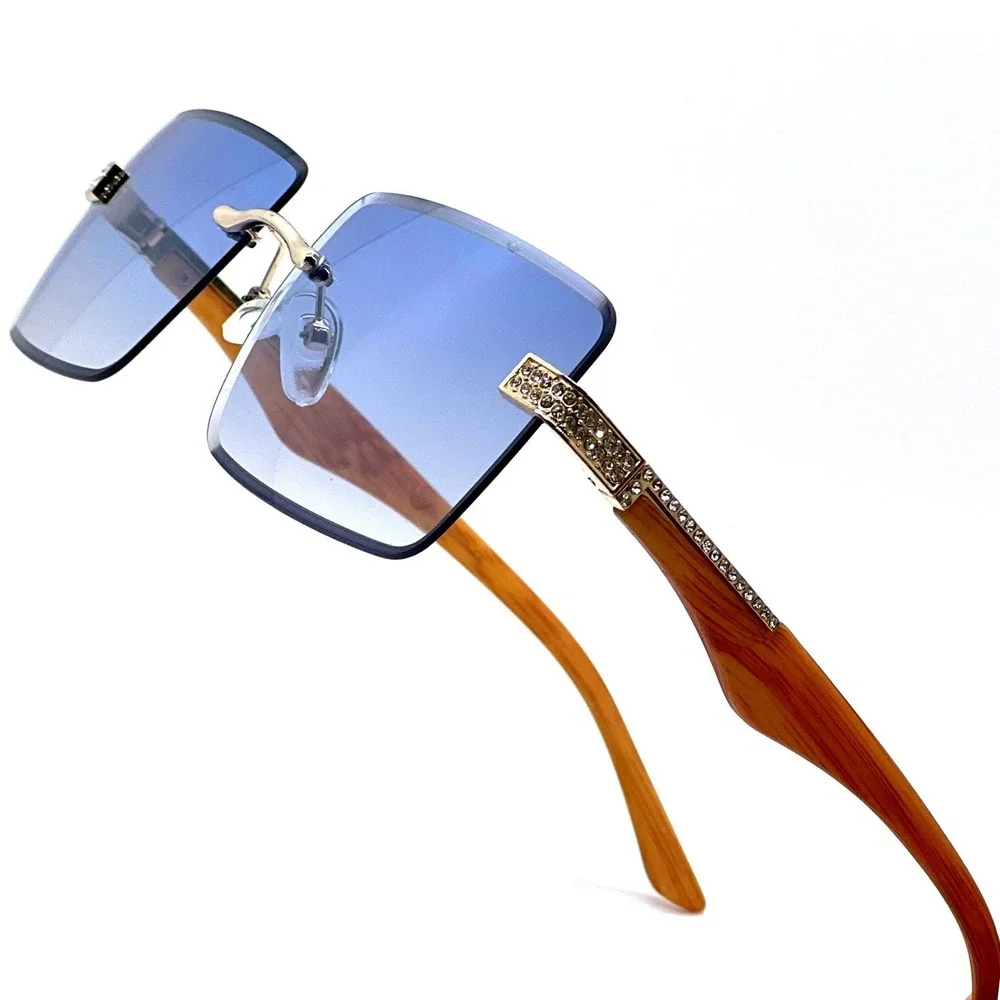 Rimless Sunglasses Wood Grain Frame Rhinestone Accents Blue Lens Men Hip Hop New